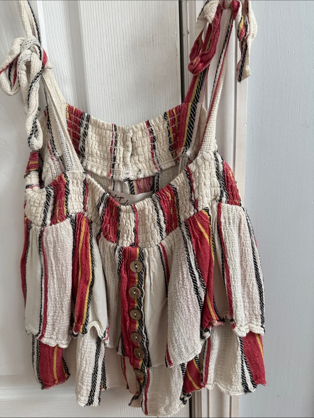 Vintage Havana Red, Cream & Black Striped Tie-Shoulder Ruffle Crop Tank